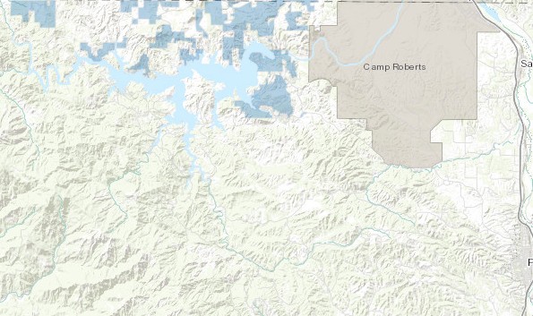 Map of area near Lake Nacimiento. Areas in dark blue are affected.